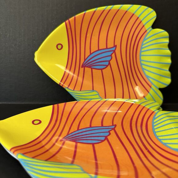 Precidio Tropical Fish Melamine Plates Set of 3 Orange/Green/Yellow Ocean Sea - Picture 7 of 7